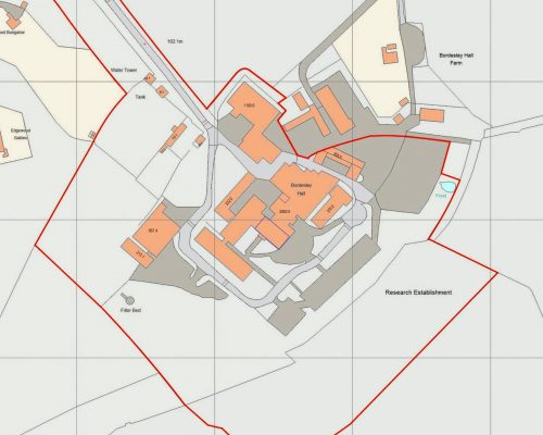 Bordesley Hall original site plan with hall outlined and area of orange buildings labelled
